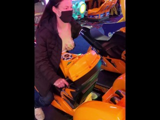 Risk Taking Wife Plays Arcade with Tits Out