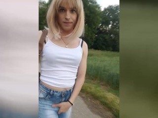 Tranny outdoor jeans wetting! Totally pissed in after a public nude walk!