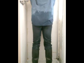 Shower time starting with piss and then fully clothed wetlook in jeans and boots