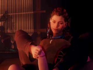 Aloy from Horizon Forbidden west caressing a hard cock with her feet