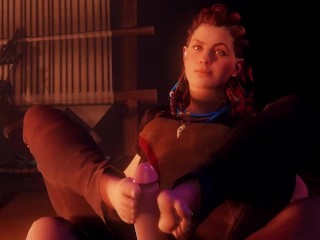 Aloy from Horizon Forbidden west caressing a hard cock with her feet