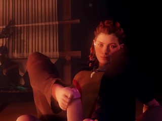 Aloy from Horizon Forbidden west caressing a hard cock with her feet
