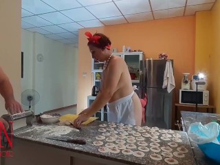 Nudist housekeeper Regina Noir cooking at the kitchen. Naked maid makes dumplings. Naked Part 2