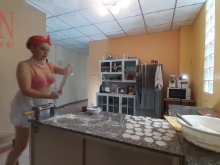 Nudist housekeeper Regina Noir cooking at the kitchen. Naked maid makes dumplings. Naked cooks. Bra1