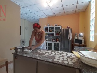 Nudist housekeeper Regina Noir cooking at the kitchen. Naked maid makes dumplings. Naked cooks. Bra1