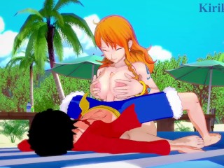 Nami(long hair) and Monkey D. Luffy have deep sex on the beach. - One Piece Hentai