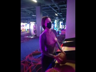 Exhibitionist Wife Plays Basketball with Tits Out at Arcade