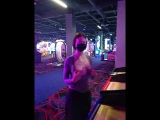 Exhibitionist Wife Plays Basketball with Tits Out at Arcade