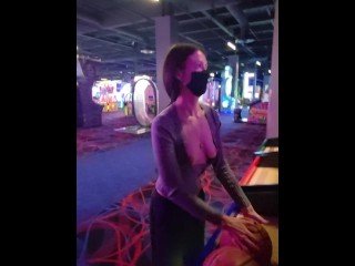 Exhibitionist Wife Plays Basketball with Tits Out at Arcade