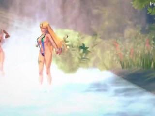 Ghislaine and Mythra have a wet gangbang at a waterfall (Xenoblade/Mushoku Tensei 3D Hentai)