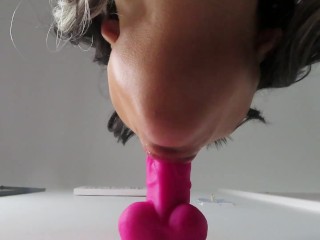 Sloppy dildo blow job gagging myself spit falls onto the camera