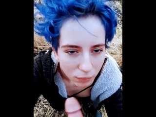 OUTDOOR BLOWJOB, goth chick gets cum on face