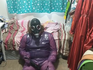 Latex Jelly Loose Purple Body Suit over Swimsuit Vibraitor and gasmask breathplay