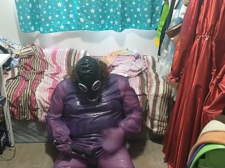Latex Jelly Loose Purple Body Suit over Swimsuit Vibraitor and gasmask breathplay