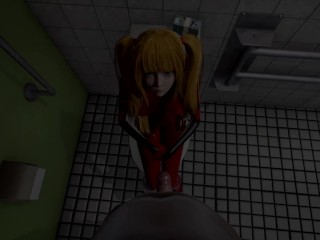 Asuka tsundere eye contact handjob lickiyng and blowjob in the bathroom