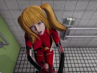 Asuka tsundere eye contact handjob lickiyng and blowjob in the bathroom