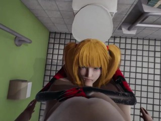 Asuka tsundere eye contact handjob lickiyng and blowjob in the bathroom