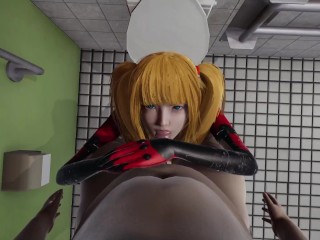 Asuka tsundere eye contact handjob lickiyng and blowjob in the bathroom