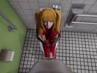 Asuka tsundere eye contact handjob lickiyng and blowjob in the bathroom