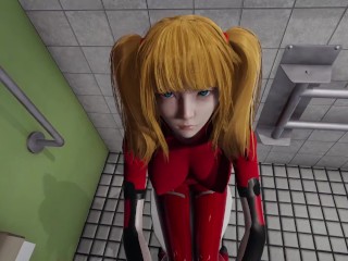 Asuka tsundere eye contact handjob lickiyng and blowjob in the bathroom