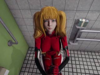 Asuka tsundere eye contact handjob lickiyng and blowjob in the bathroom