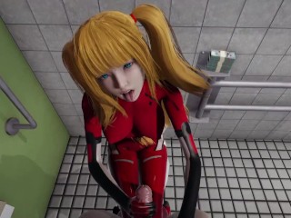 Asuka tsundere eye contact handjob lickiyng and blowjob in the bathroom