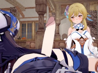 FUTANARI / Genshin Impact Hentai 3D / Eula rough uses Lumine`s anal / Some help for Eula