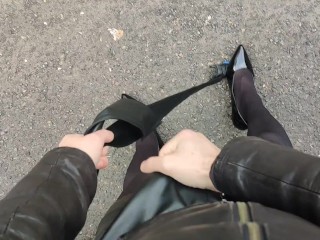 女装 レザー ジャケット スカート オナニー 調教 パンプス 黒パンスト 日本人