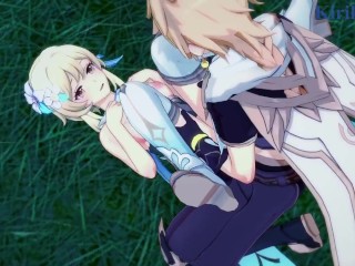 Lumine and Aether have intense sex in the meadow at night. - Genshin Impact Hentai