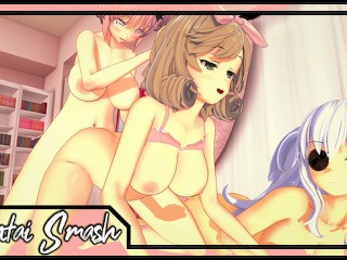 Futa Hibari fucking Haruka and Yagyuu in a lesbian threesome - Senran Kagura Futanari Hentai.