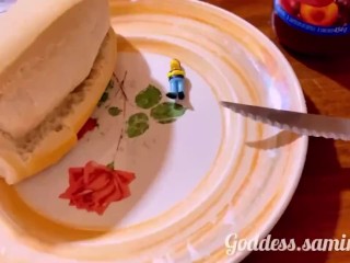 The giantess Samira devours a tiny in her sandwich (Trailer Vore)