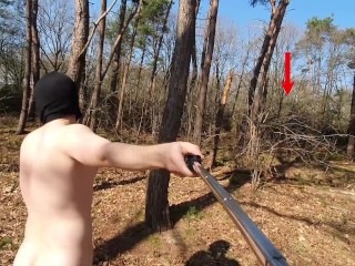 Hiding from cyclists - Risky naked barefoot woods walk w/ anal dildo