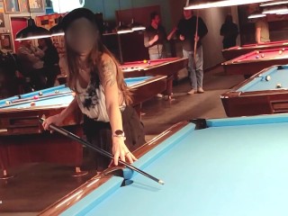 Tiny skirt with no panties was a big hit at the pool hall!