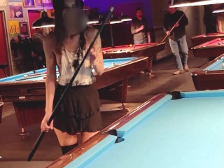 Tiny skirt with no panties was a big hit at the pool hall!