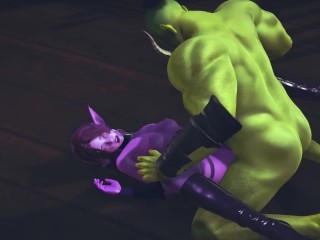 Elf gets pussy creampie from big orc