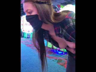 Skee-Ball is Always More Fun with Your Tits Out! Wife Flashes at an Arcade