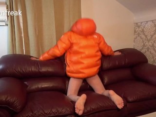 Fetish Leather Sofa Humping With North Face Down Jacket Ends With Cum Covered Nylon.