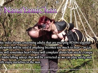 Shibari suspended girl; bound in a public forest!