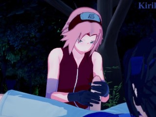 Sakura Haruno and Sasuke Uchiha have intense sex in a park at night. - Naruto Hentai