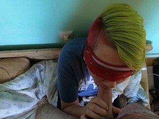 Blindfolded blowjob & cum eating from her palm