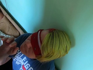 Blindfolded blowjob & cum eating from her palm