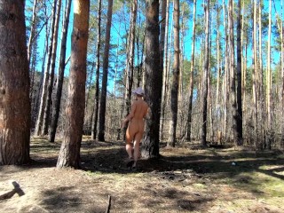 Naked Girl Walking in the spring forest