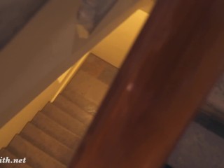 Jeny Smith sneaking to the office building. Naked in elevator and on stairs