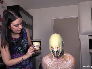 Femdom Hell's Kitchen - Lady Bellatrix mummifies her slave in this splosh delight