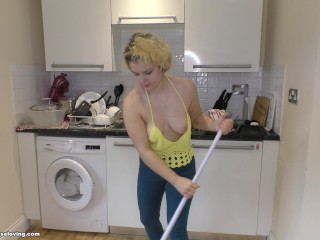 Delilah: downblouse view whilst mopping the floor