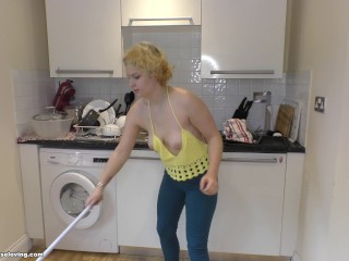 Delilah: downblouse view whilst mopping the floor