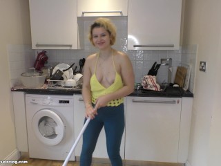 Delilah: downblouse view whilst mopping the floor