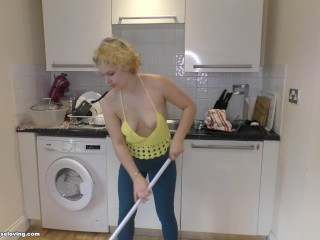 Delilah: downblouse view whilst mopping the floor