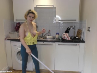 Delilah: downblouse view whilst mopping the floor