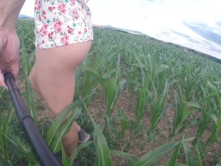 Walking in the corn field with pink panties